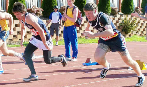 Warwick State High School students Matt Carey and Mitchell Siebenhausen at the start of their 110m hurdles event at the Darling Downs Secondary School Athletics Championships. Warwick State High School students Matt Carey and Mitchell Siebenhausen at the start of their 110m hurdles event at the Darling Downs Secondary School Athletics Championships.